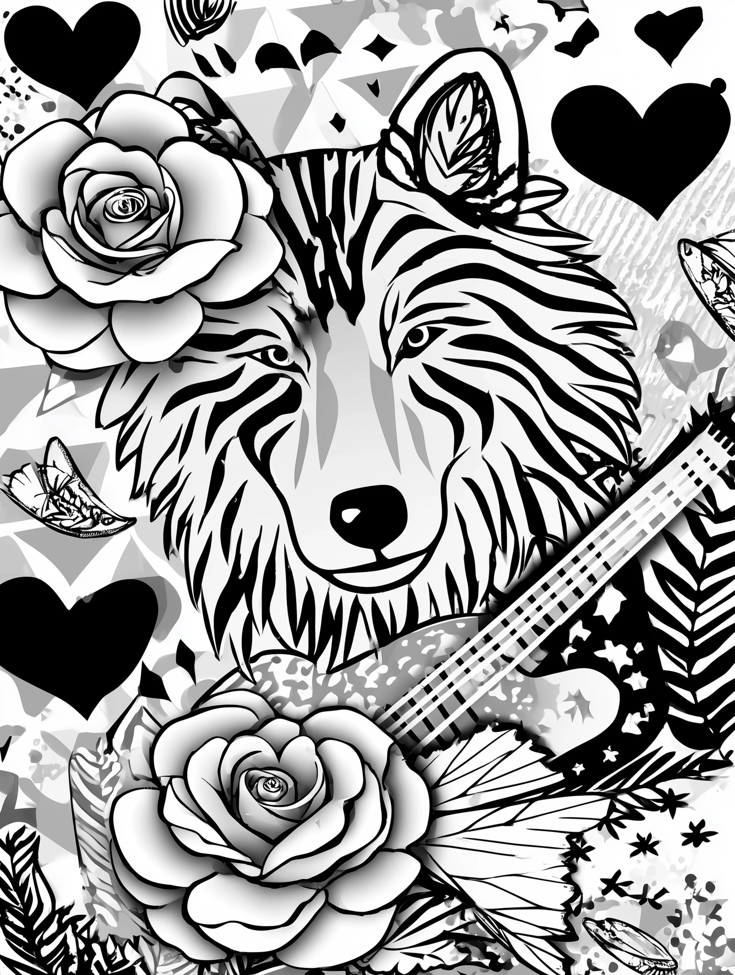 Free printable wolf coloring page for adults featuring a wolf with a striped face holding a guitar